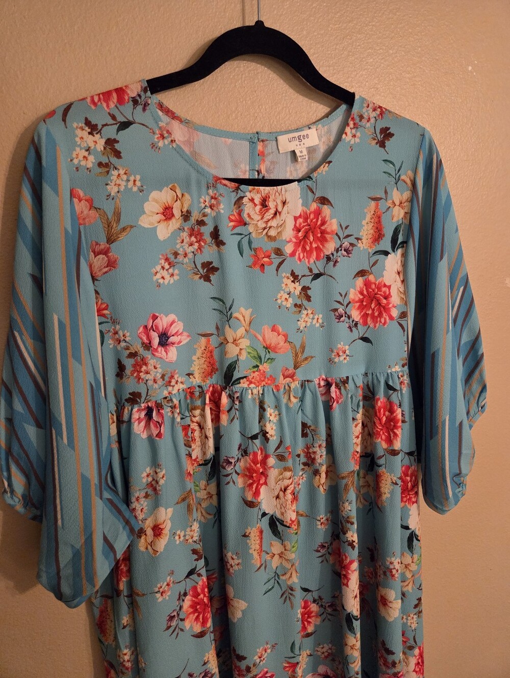 UMGEE Teal Blue Floral Multicolor Print Balloon Sleeve Scoop Neck Tunic Dress M - Picture 3 of 13